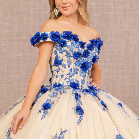 NEW FLOOR LENGTH BALL GOWN WITH FLORAL 3D APPLIQUE GLITTER & LACE UP BACK GL3105 - Picture 7 of 10